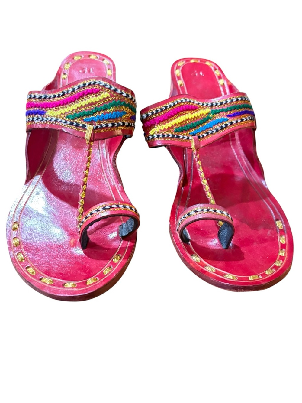 Kolhapuri Chappal Red Leather Sandals W/ Multi Color Embroidered Detail sz 9